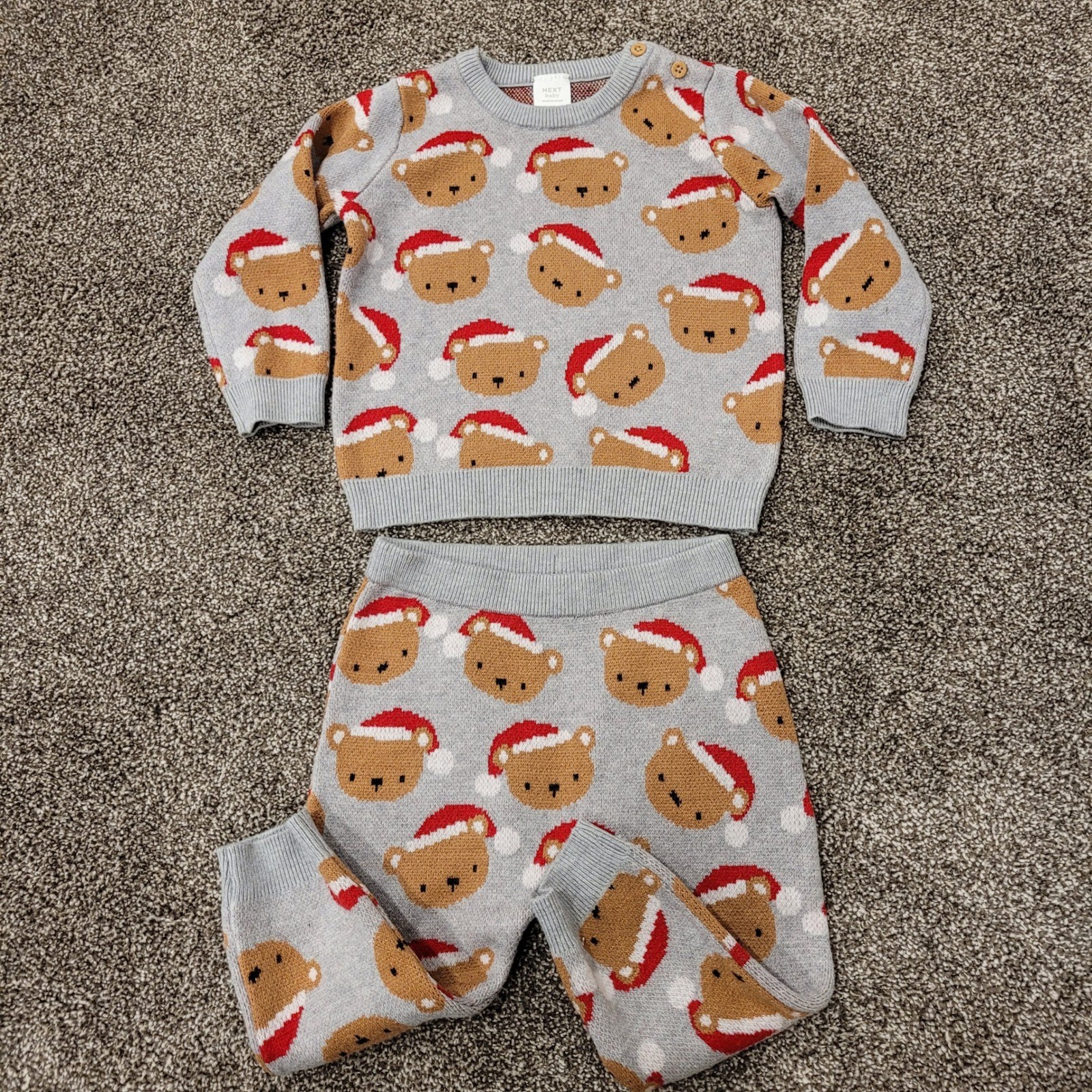 Next Baby 9-12mths Christmas Bear Santa Hat Knit Sweater and Pants Set