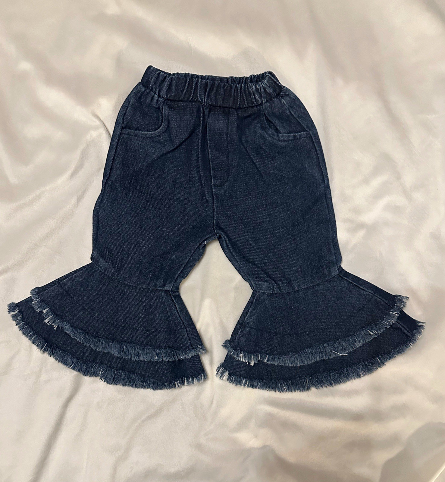 NEW Baby Girl Ruffle Tan Long Sleeve Lace Body Suit Bell Bottom Denim Jeans Bow