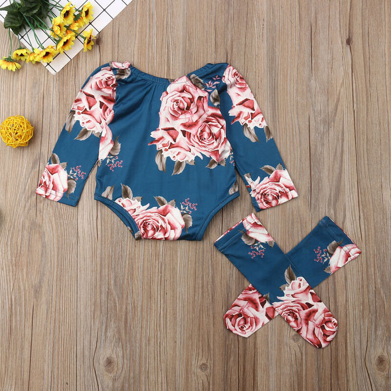Newborn Baby Girl Clothes Floral Romper Jumpsuit + Leg Socks 2PCS Outfits Set