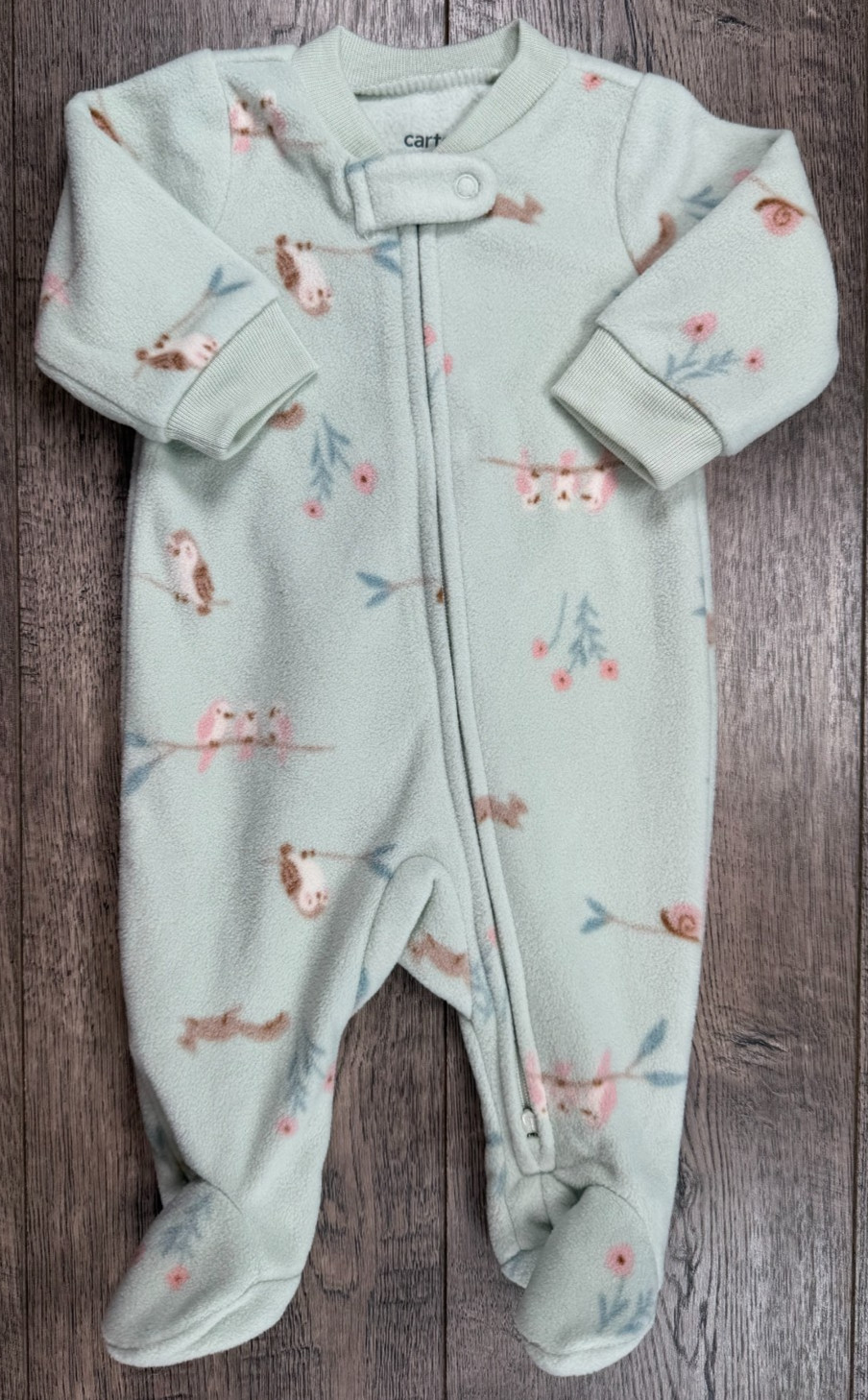 Baby Girl Clothes Carter’s Newborn Green Fleece Owl Bird Animals Footed Outfit
