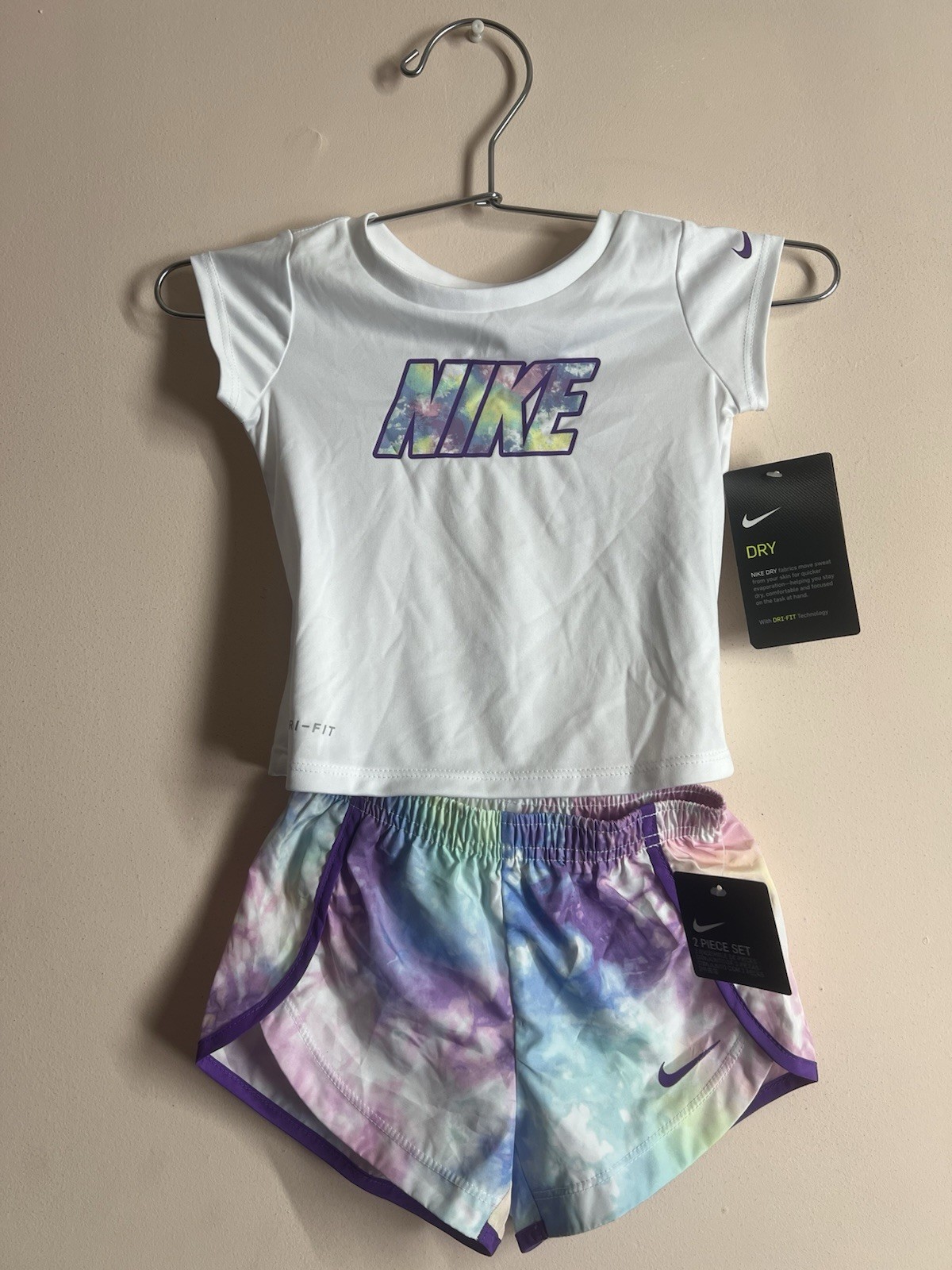 Nike Neon Green & Purple T-Shirt & Shorts Set 18M Solid-Tie Dye-Dri-Fit NWT