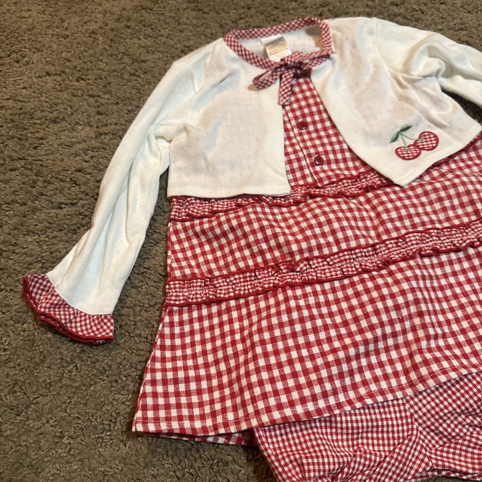 NWT Sears Girls Bloomers Dress And Cardigan Set Red Plaid Cherry 24 Months