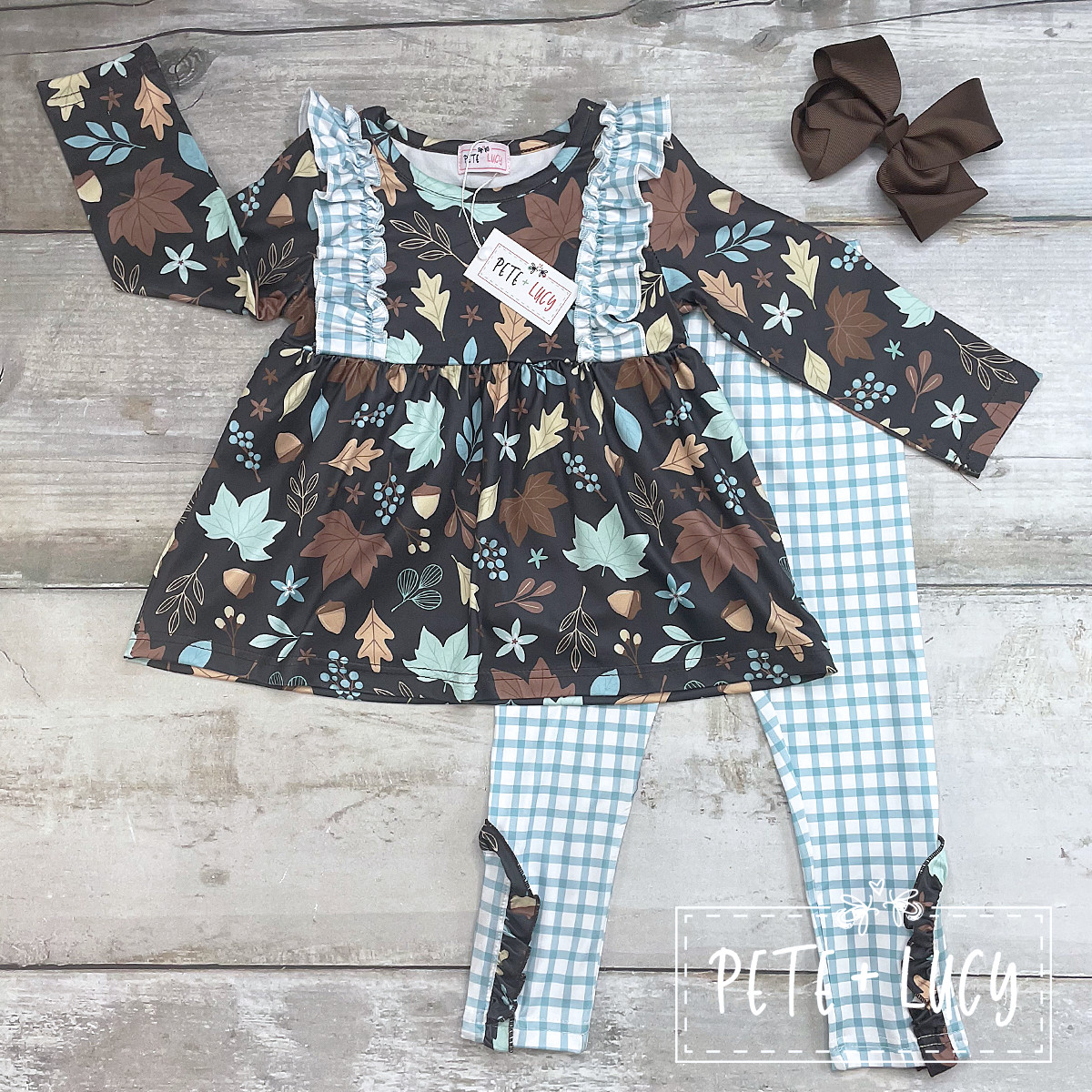 NEW Pete + Lucy Girls Fall Leaves Gingham Ruffle Tunic Leggings Pants Set 0/6 mo