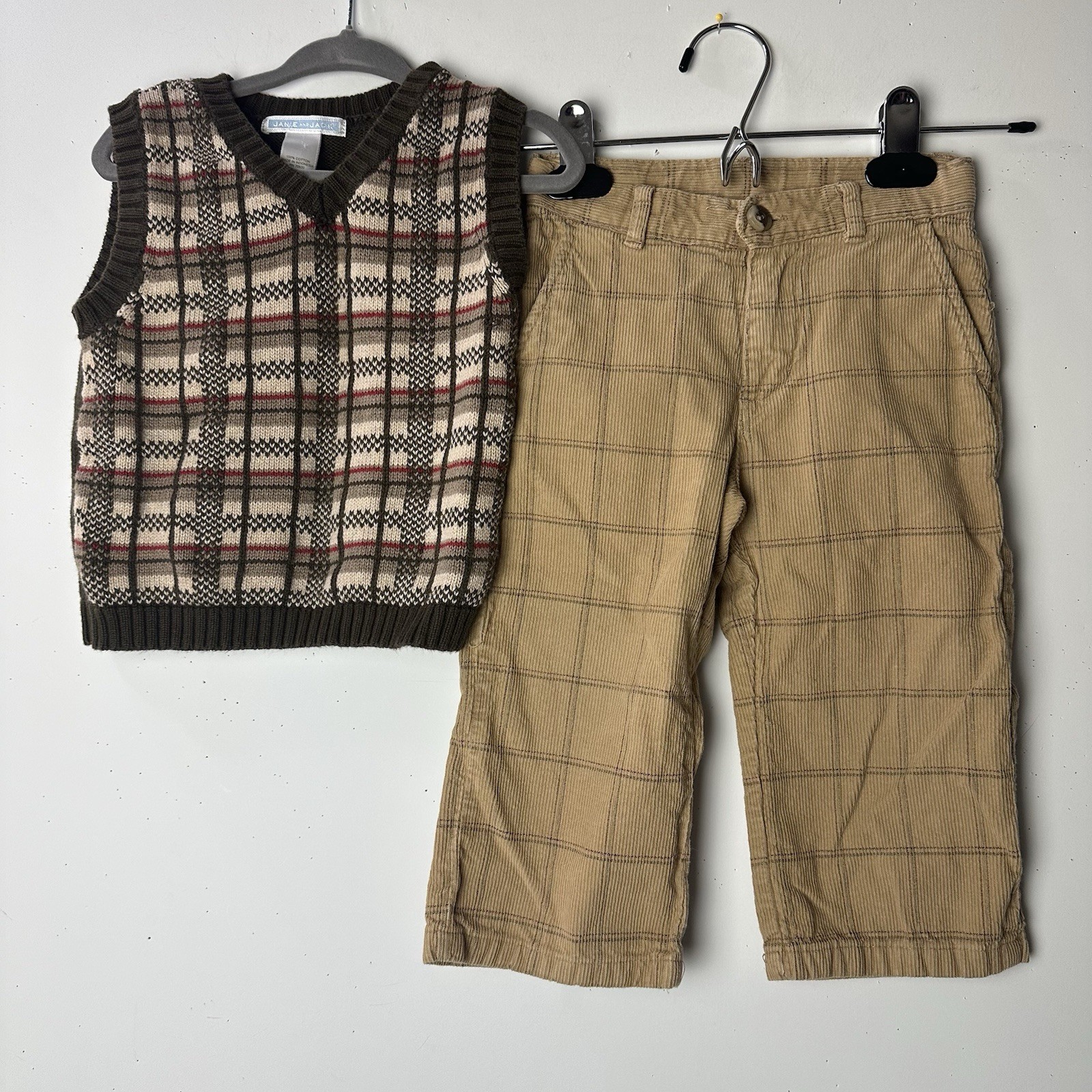 Janie And Jack Set Brown Plaid Sweater Vest Tan Corduroy Pants Preppy 18-24 Mos