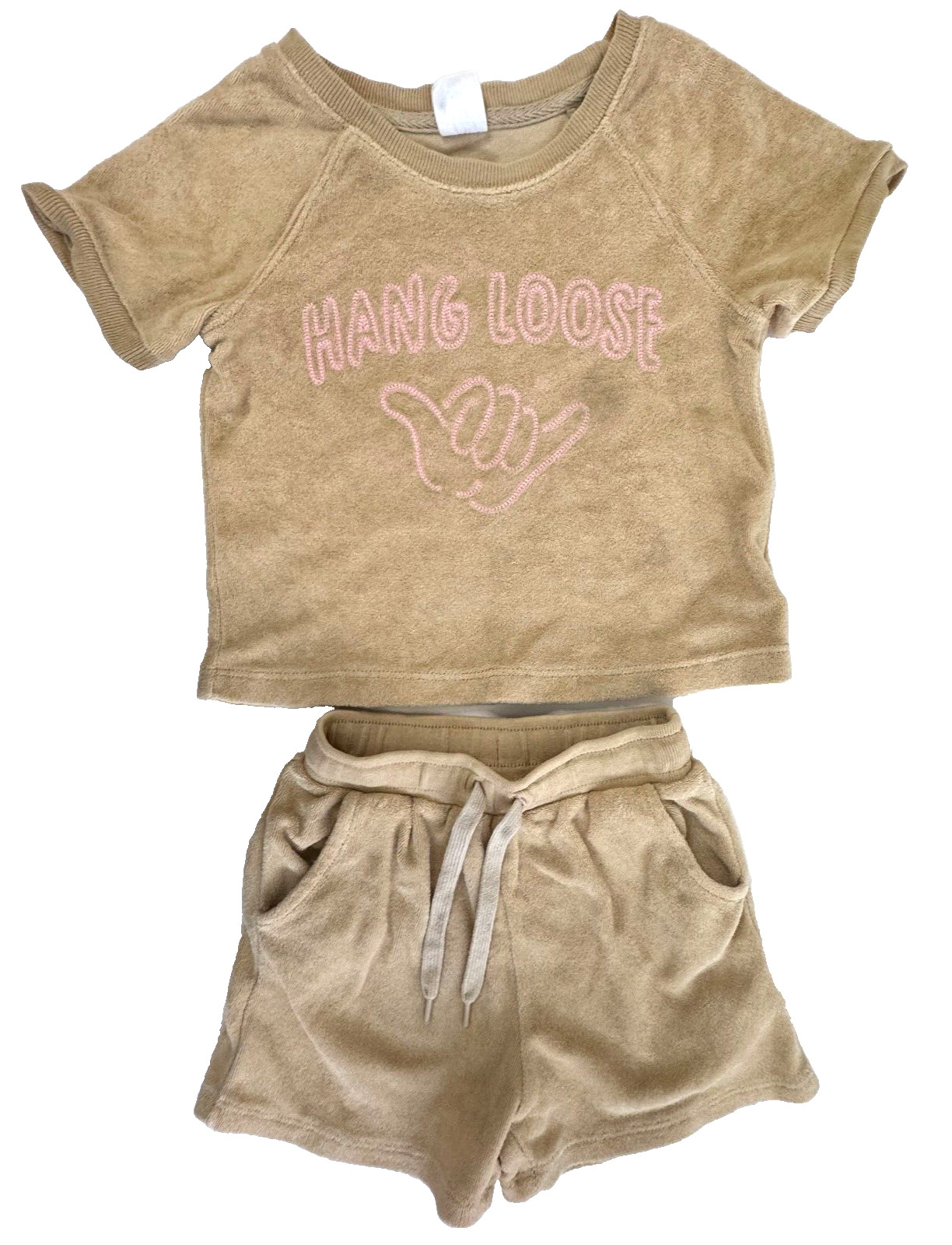 baby GAP Girl Toddler Set Short and Top HANG LOOSE Beige Pink Terry Size 2 Years