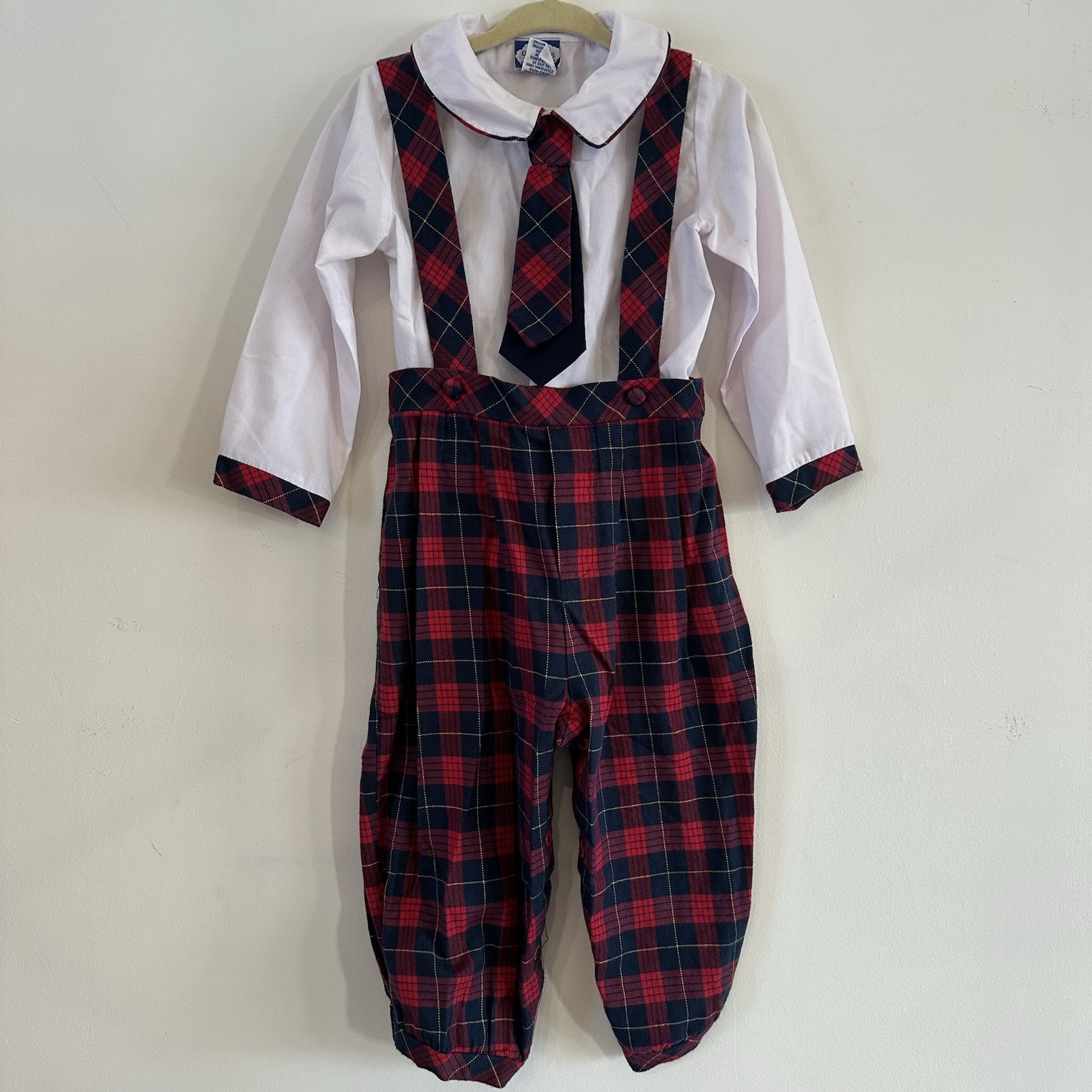 VTG Baby Boy Red Blue Tartan Plaid Suspended Pants Outfit 24 Mos Christmas 90’s