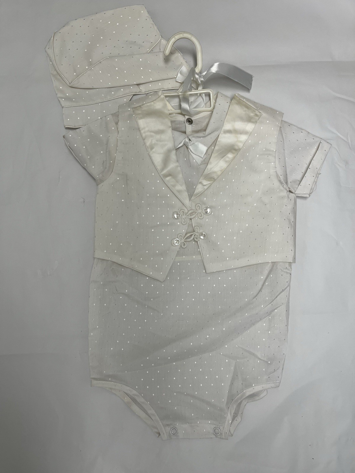 Vintage White Baby Boys Romper Vest Set with Bonnet Christening Special Occasion