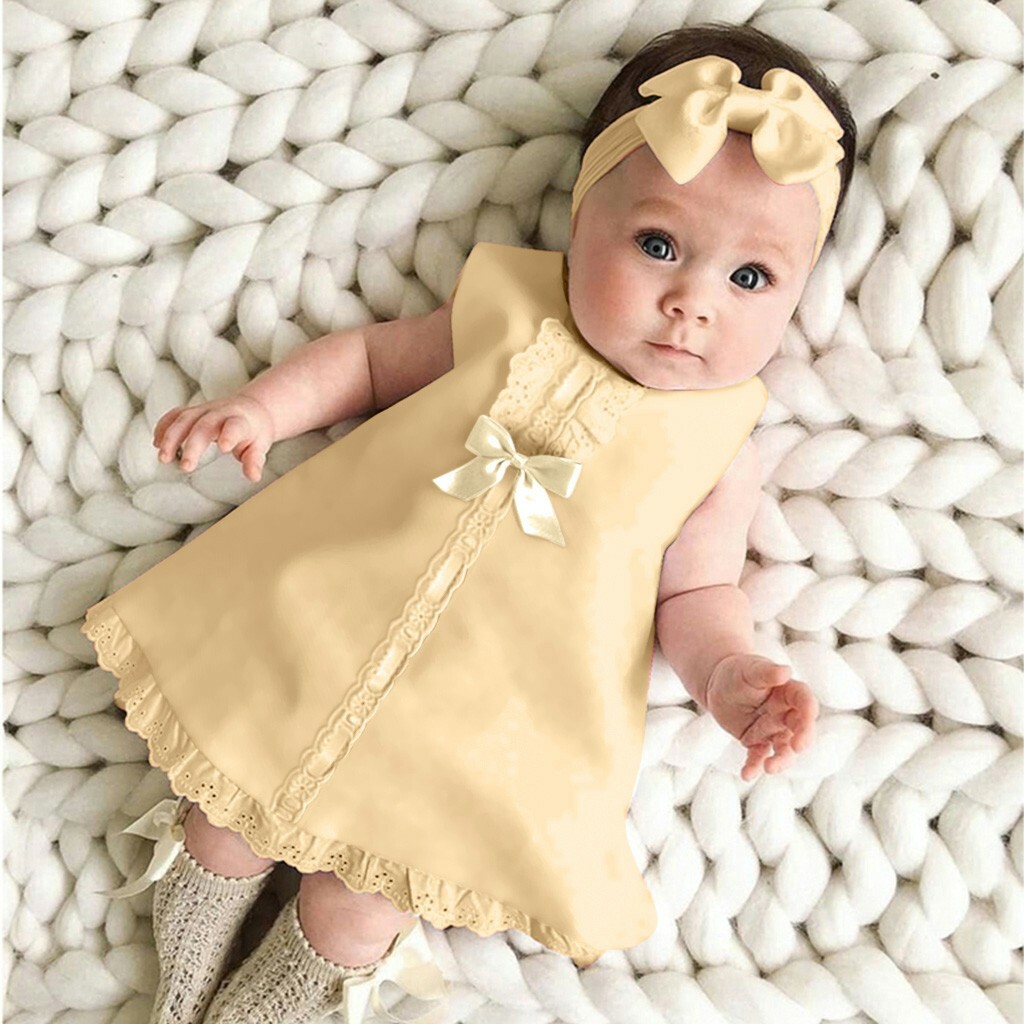 Newborn Infant Baby Kids Girls Solid Lace Short Sleeve Dress Bow Headband Set