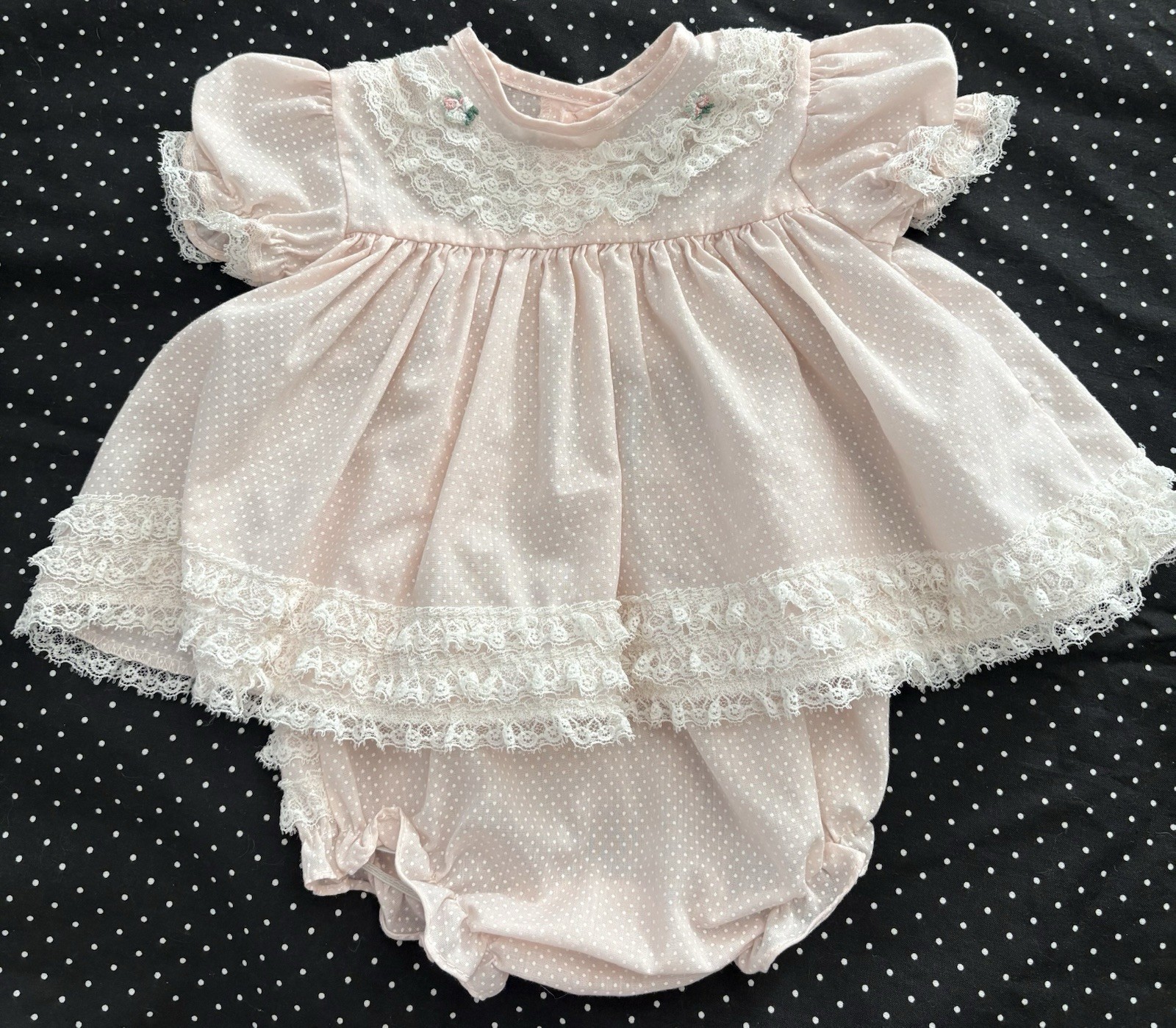 VTG Newborn Baby Dress Set Bloomers Pink White Polka Dot Ruffle Lace Split Back