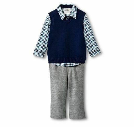 Genuine Kids Oshkosh 3-Pc Sweater Vest Button Down Shirt & Pants Set Size 0-3M