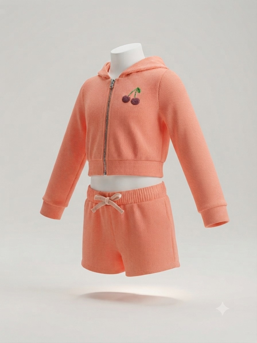 Btween Toddler Girls 3T Peach Ribbed Zip-Up Hoodie & Shorts 3-Piece Set