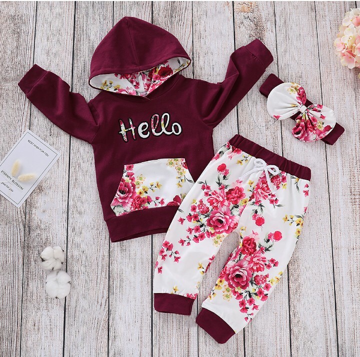 Baby Set Letter Hello And Floral Print Hooded Long Sleeve Crimson 9-12M