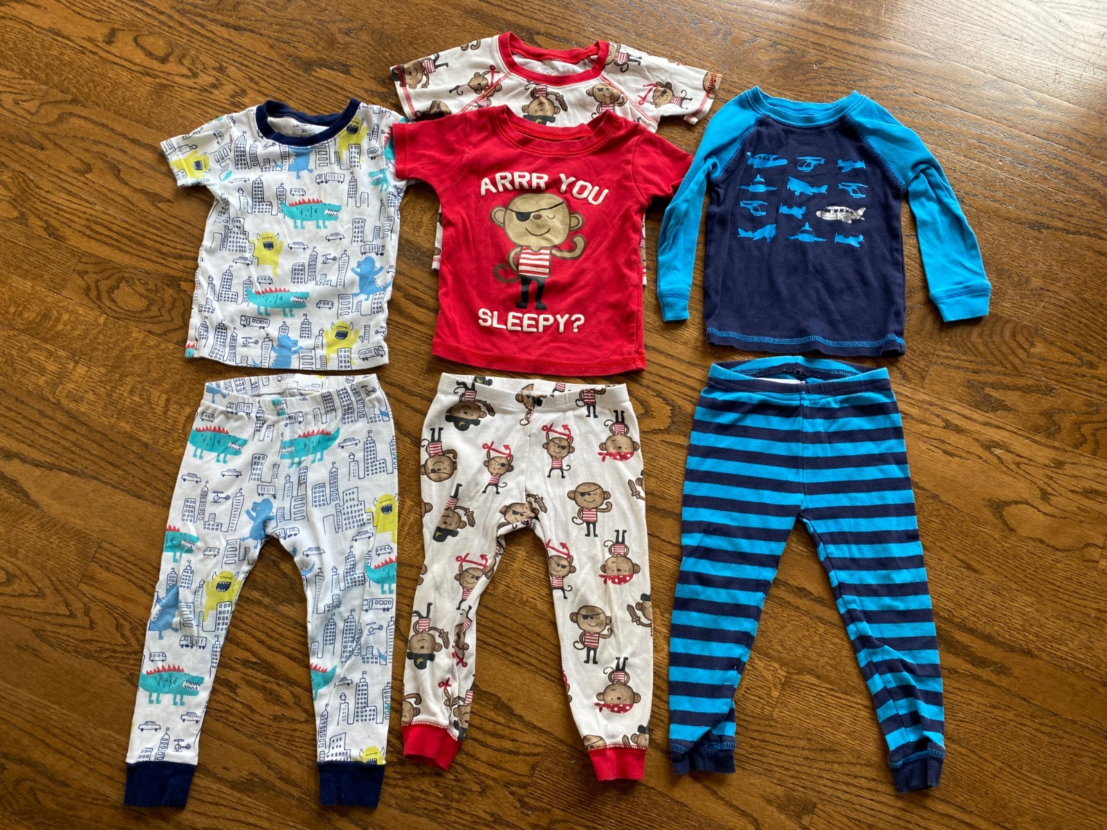 Toddler Boys Clothing Lot – 3 pajama sets Size 2T – Monster Pirate Airplane