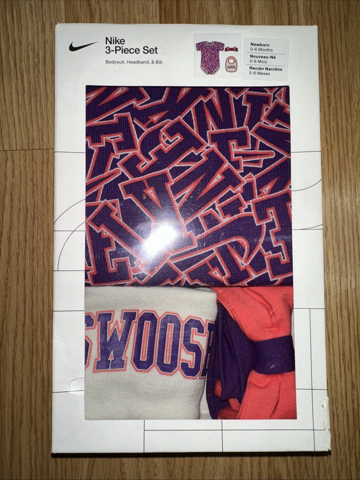 NIB Nike Swoosh Newborn 3 Piece Set Bodysuit Headband Bib Pink Purple Giftbox