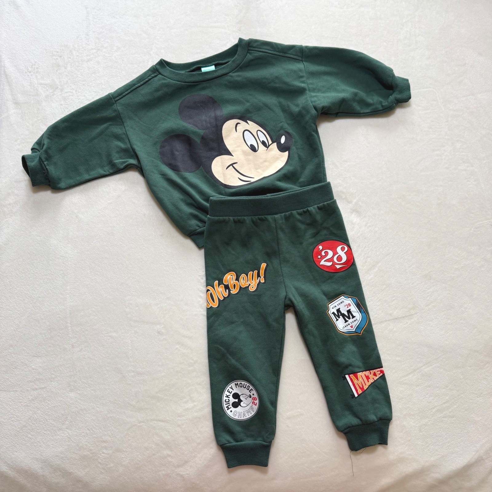 Disney Baby Mickey Mouse Sweatshirt Joggers Set Kids 12M Green Varsity Graphic