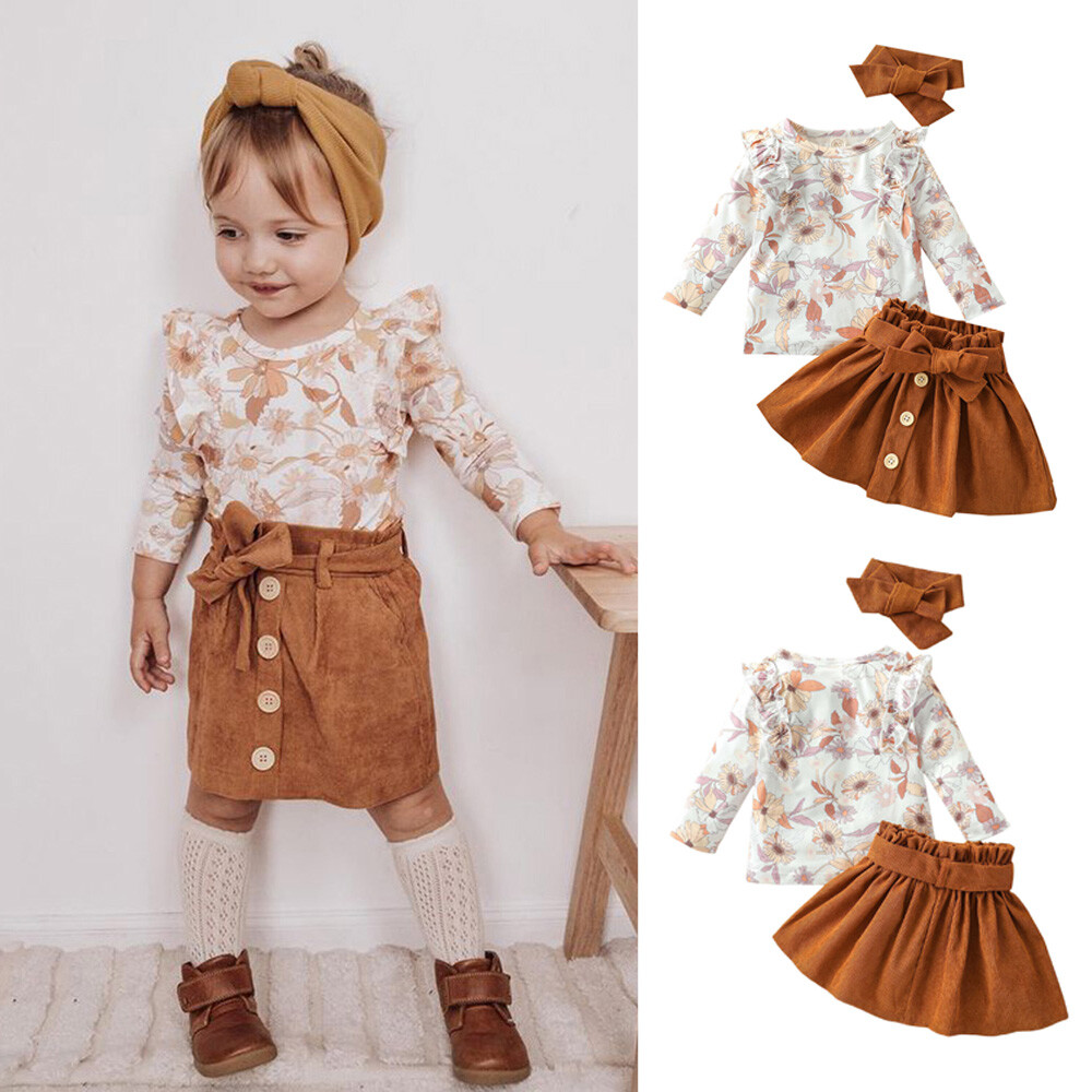Newborn Baby Girl Clothes Long Sleeve Floral Tops Skirts Dress Headband Outfits