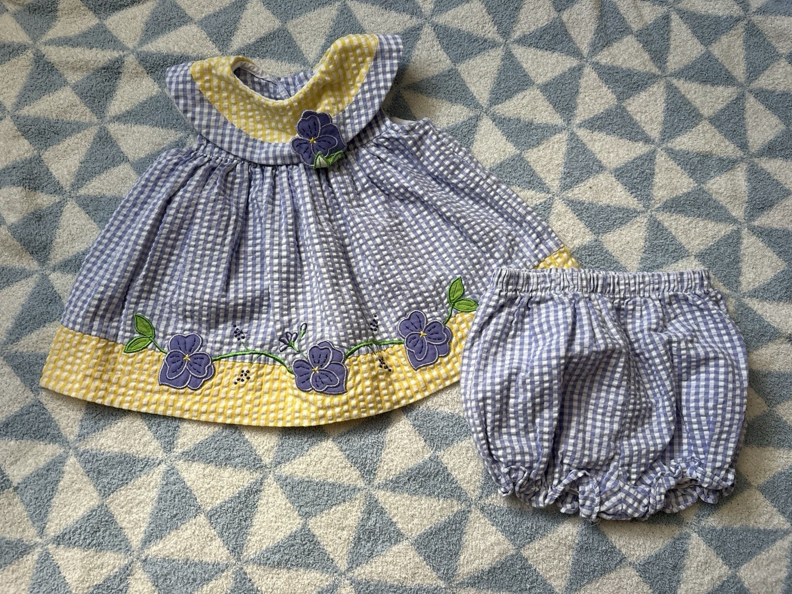 Good Lad Girls 6-9 Months Blue Yellow Gingham Sleeveless Dress & Bloomers Set