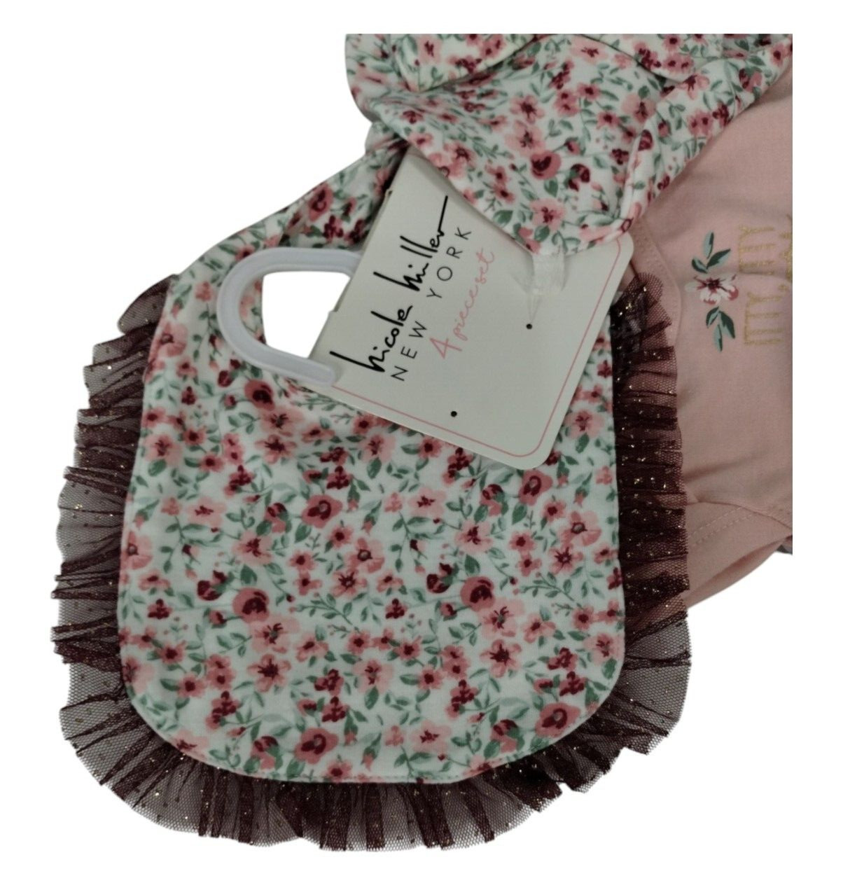 Nicole Miller 4 Piece Infant Girl Set Sz 0-3 months Dress Leggings Hat Bib NWT