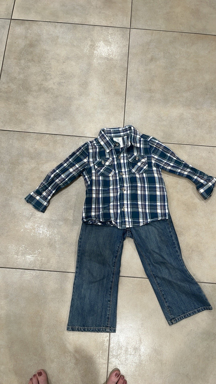 Boys Plaid Shirt Long Sleeve And Denim Jeans Set, Size 2T