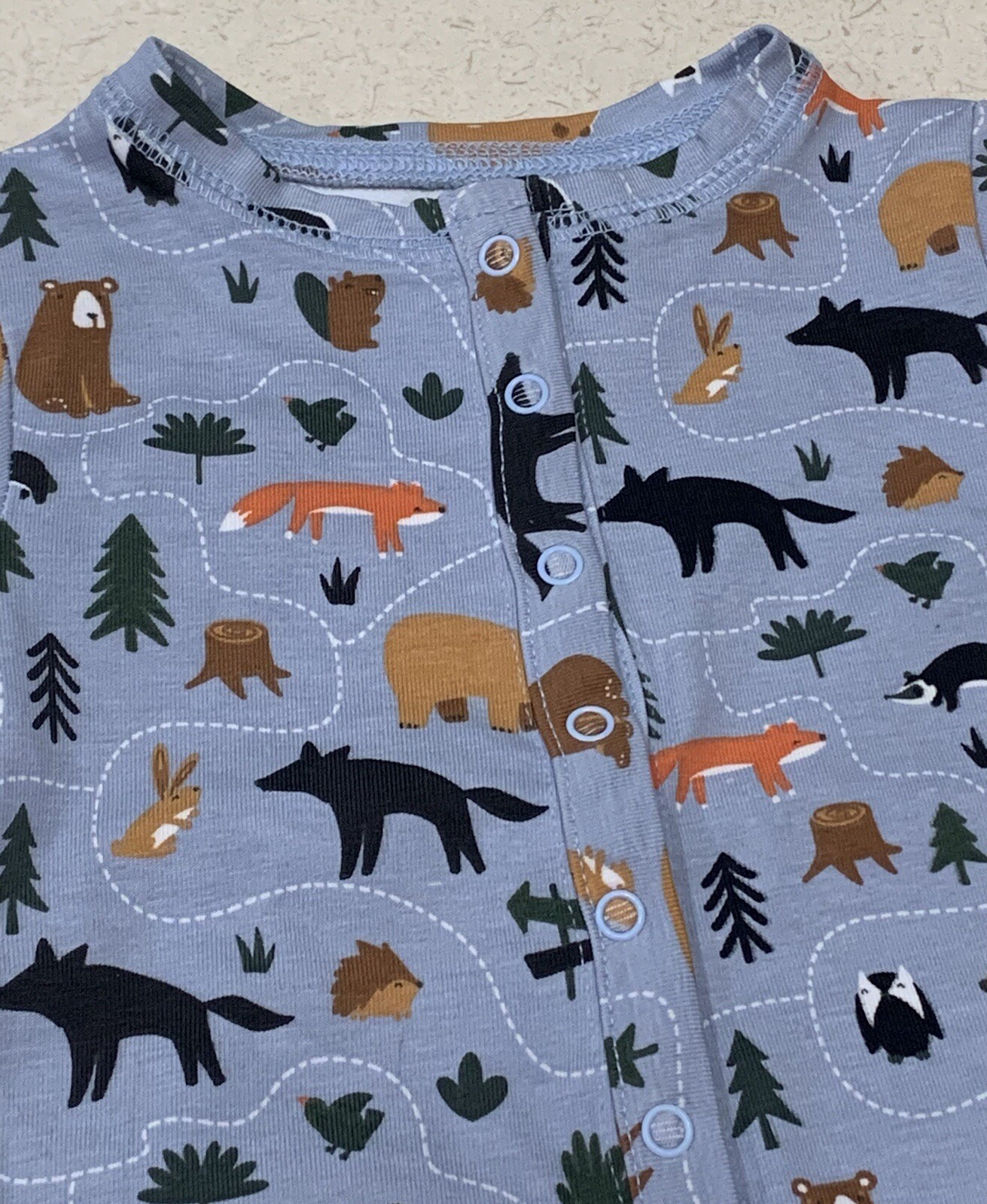 NEW Infant Baby Boy Sleep ‘n Play Jumpsuit w/ Hat Set Blue Tree Bear Fox Animals