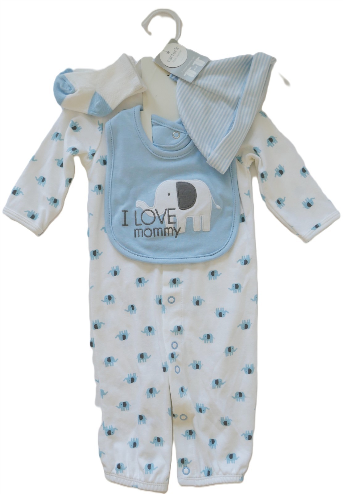 NWT Carters Layette 4pc Set Boy 6m Convertible Gown/Coverall+Socks+Bib ELEPHANTS