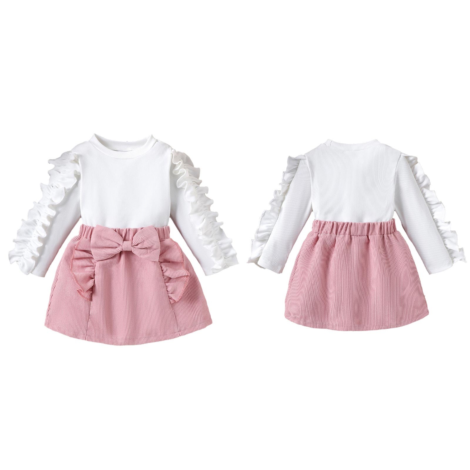 Toddler Baby Girls 2-Piece Outfit Round Neck Frilly Skirt Cute Ribbed Tops Set