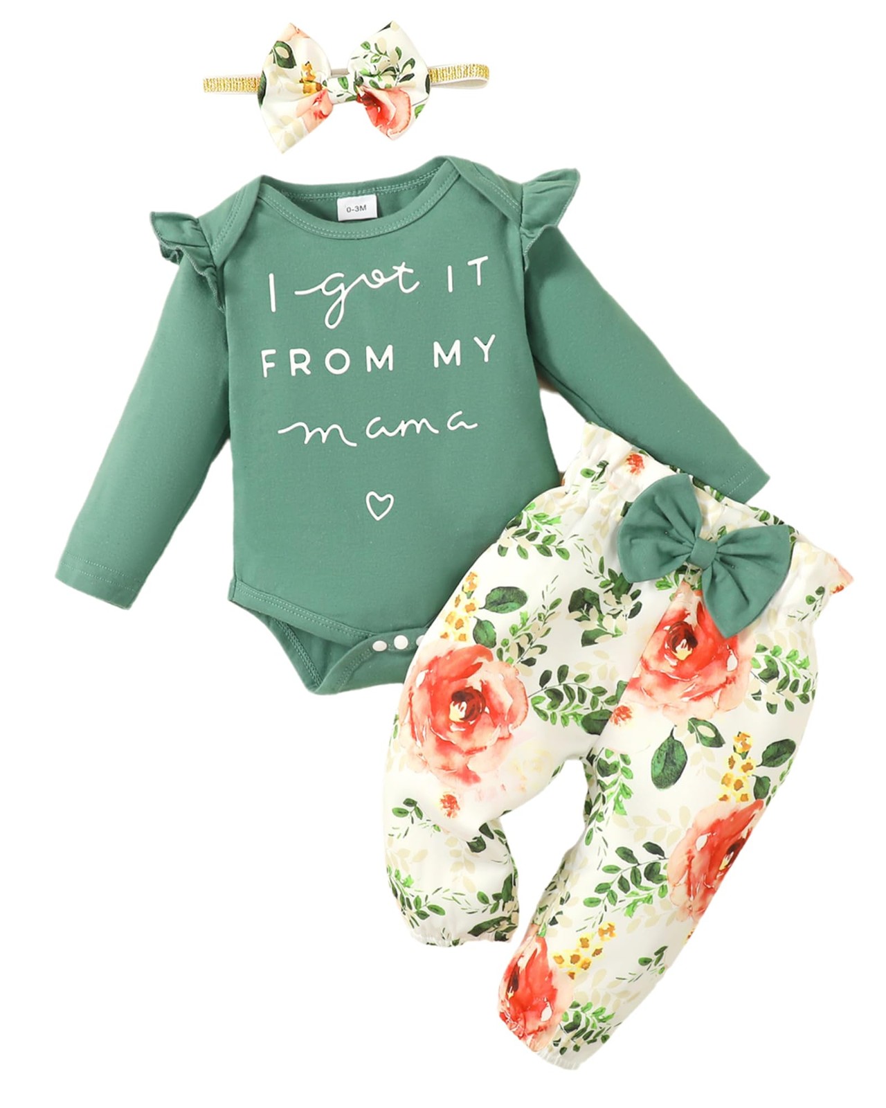 Green Baby Girl Romper & Pant Set 6-12 Months – Long Sleeve Ruffle Fall Outfit