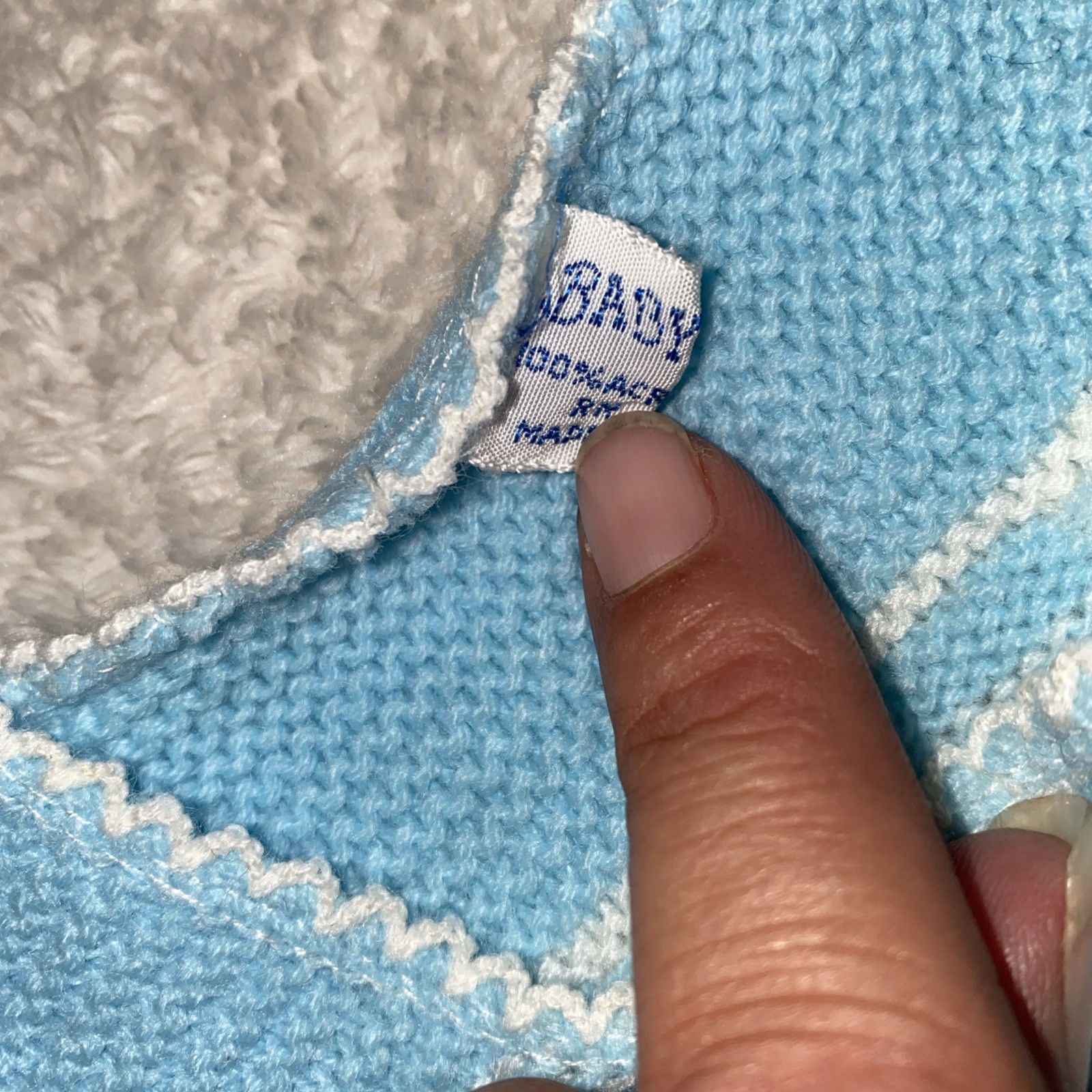 Vtg Knit Baby Blue Romper Footed One Pc Made In Japan Acrylic Pom Poms