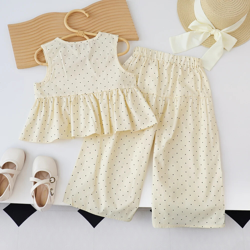 Baby Girl’s Casual Round Neck Top+Wide Leg Pants Set with Bow and Botton 2PCS