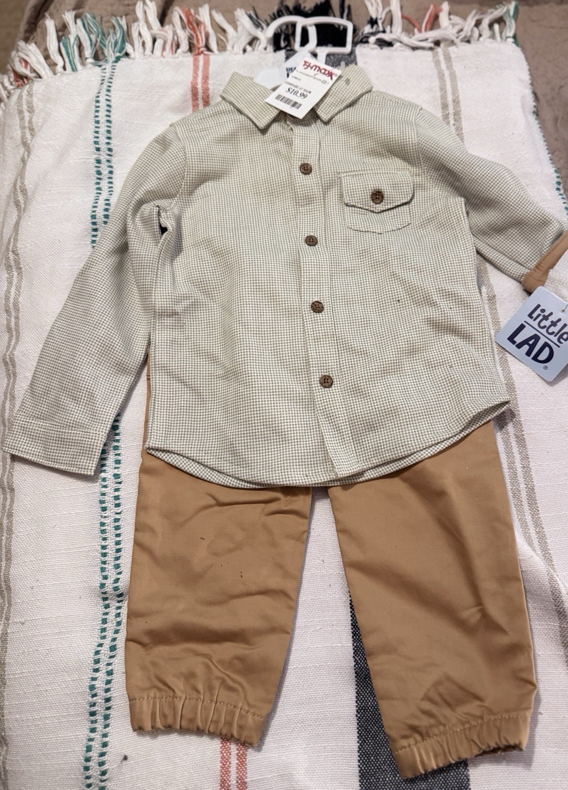 Little Lad Boys 2 Piece Check Cotton Shirt & Pants Set Beige Brown Size 3T