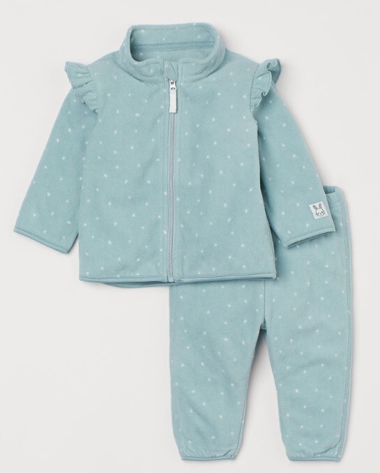 H&M 2-piece Babies Fleece Set Light Turquoise/Dotted with Elasticized Trim | 9M