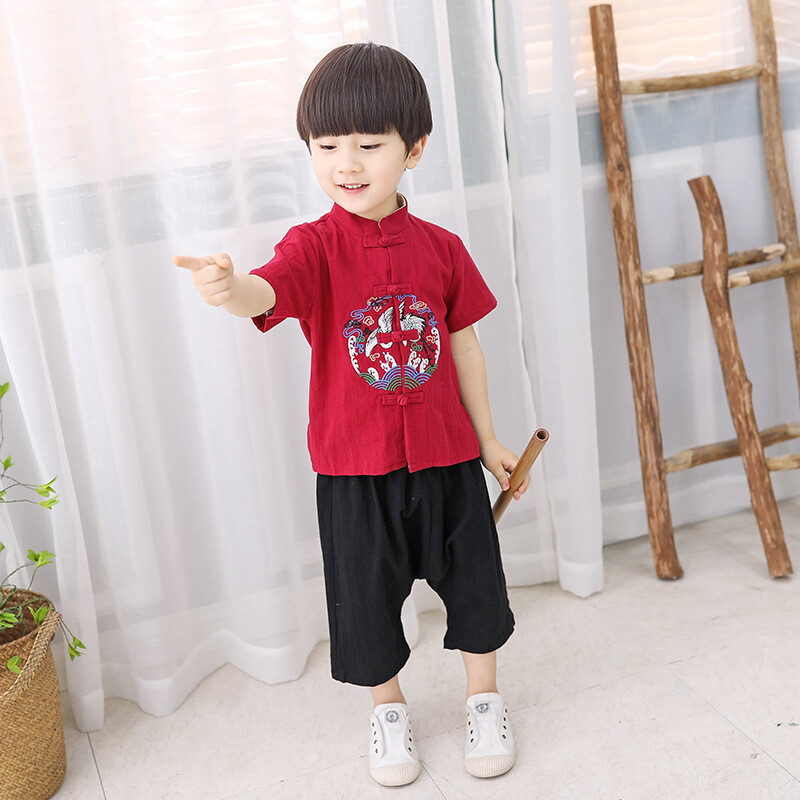 2x Chinese Ancient Hanfu Kids Boy Tang Suits Cotton Outfits Toddler Ethnic Retro