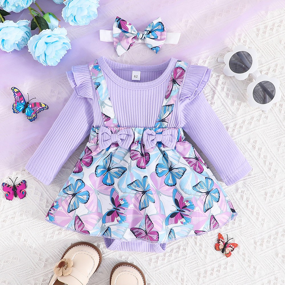Toddler Baby Girl Ribbed Floral Butterfly Romper Dress Ruffle Outfit Set Clothes