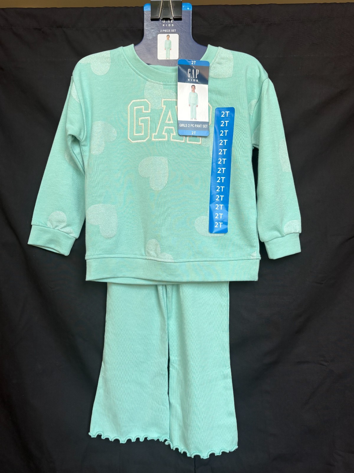 Gap Kids Girls 2T 3T 4T Teal Hearts 2-Piece Set Sweatshirt Flare Pants NWT