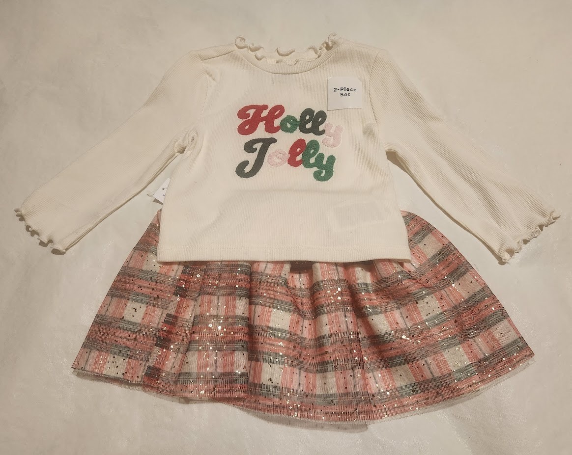 NWT Old Navy Holly Jolly Rib Knit Top Plaid Tutu Outfit 2PC Baby Toddler Girl