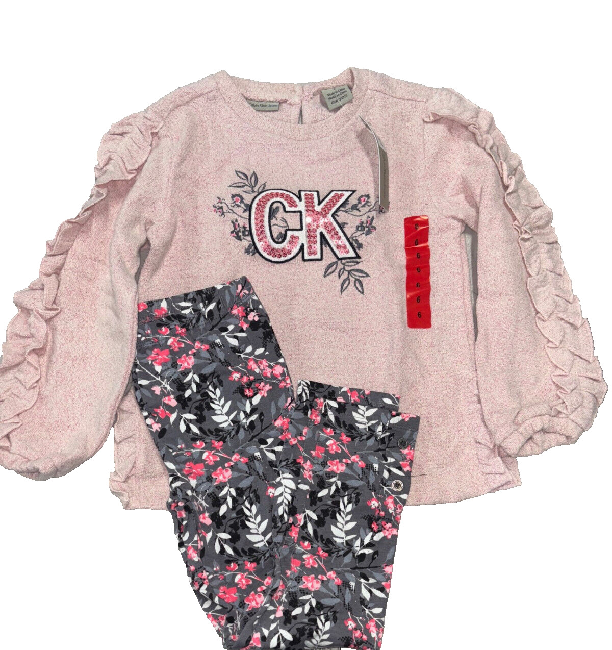 Calvin Klein Girls 2 Piece Ruffled Pullover & Pant Set (Pink/Grey, Size 6) NWT