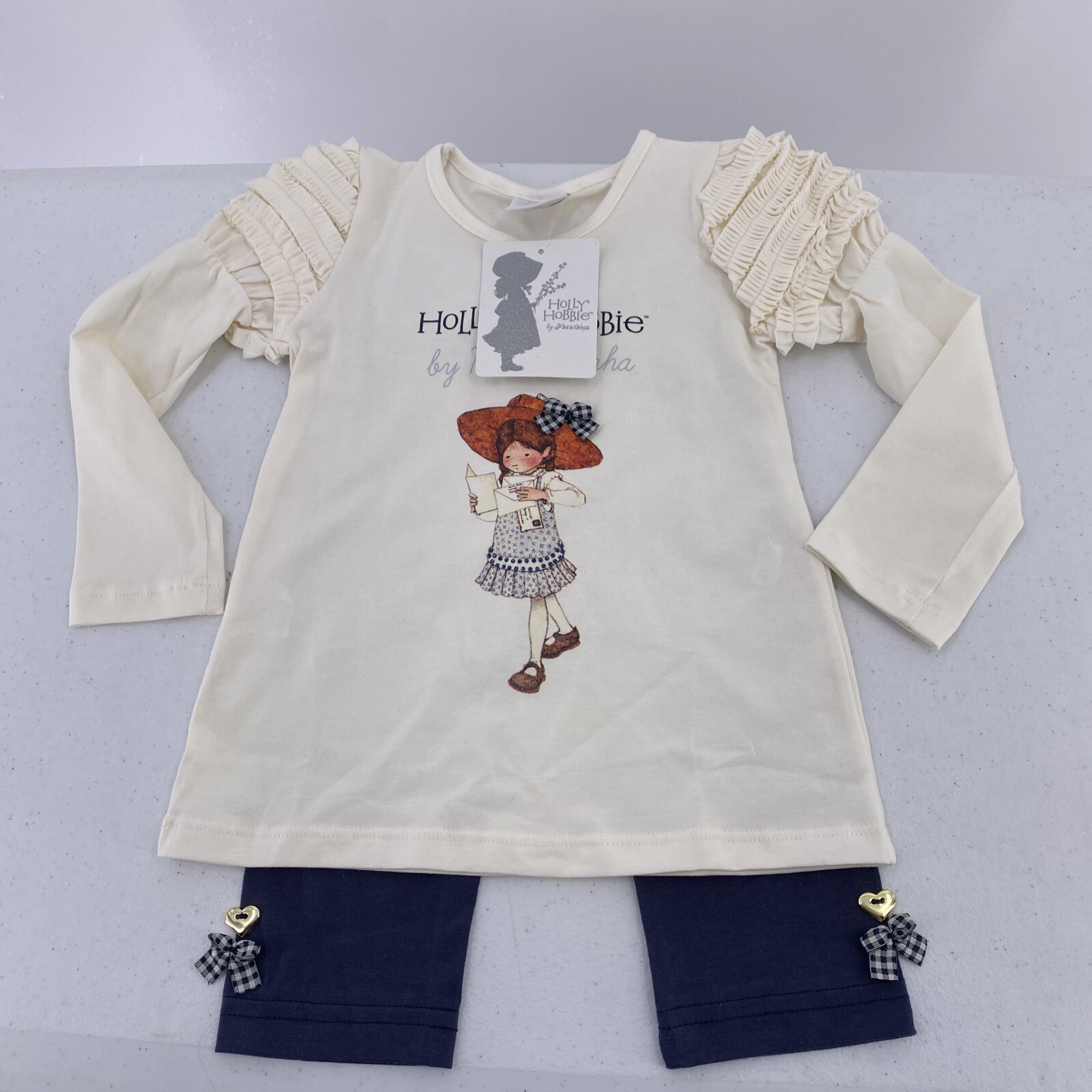 Vtg Holly Hobbie Baby Outfit Girls 12-18 Mo Top Leggings Cream Blue Ruffles