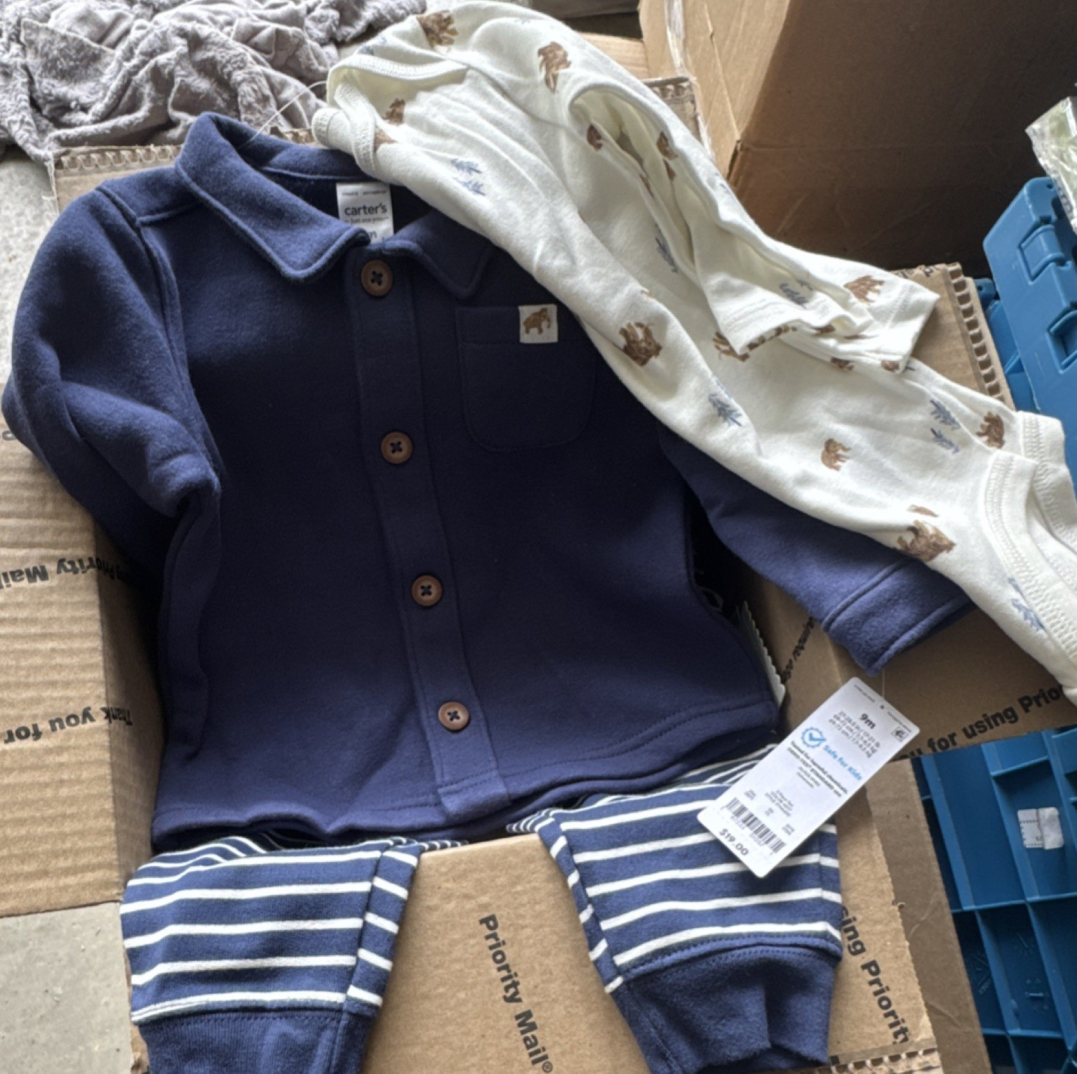 Carter’s 3 Piece Navy/White Pants Set, 6 Months, Knit, Striped, Animal