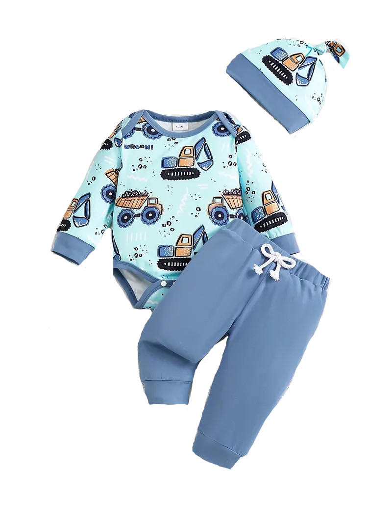 New Boutique Boys 6-9 Months Blue Construction 3 Piece Set Top Pants Hat