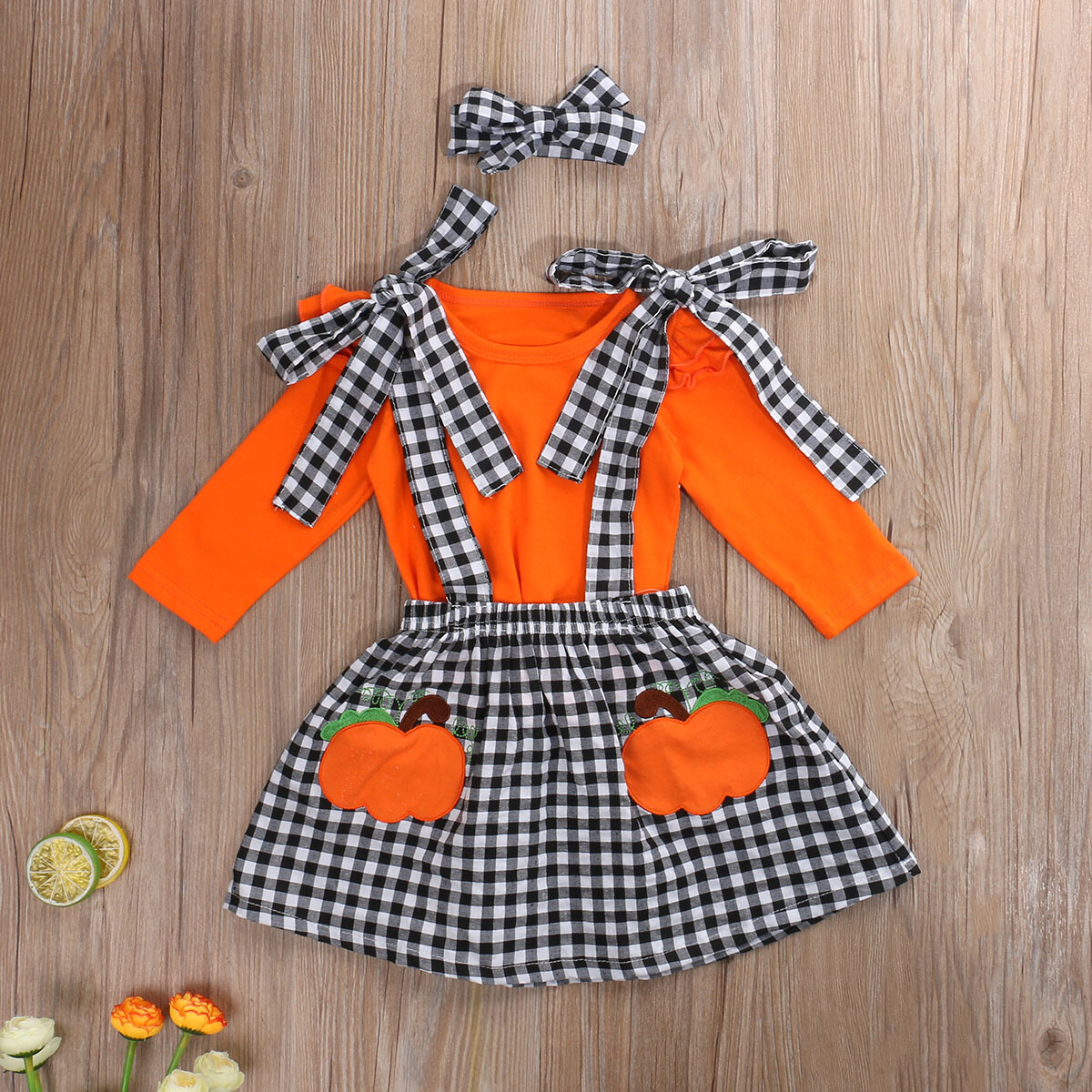 NEW Pumpkin Girls Orange Shirt Plaid Suspender Skirt Bow Headband Outfit Set