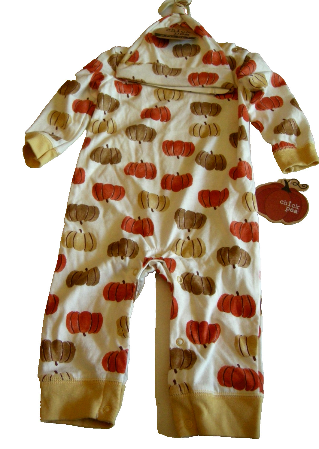 Chick Pea 2 Piece Set (Cap & Coverall), 6-9 Months, Pumpkin Design, Brand New