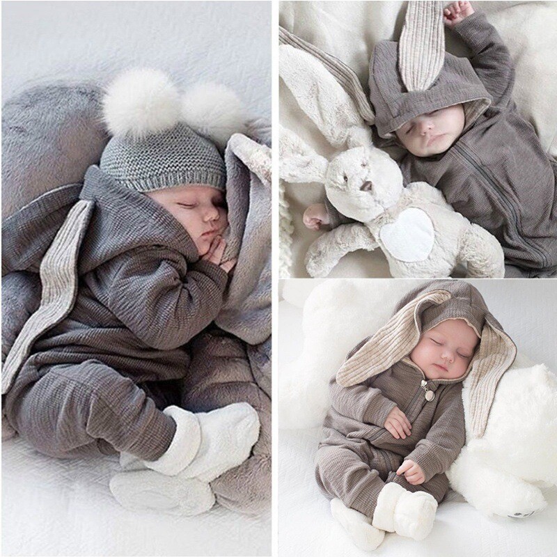 Newborn Infant Bunny Ear Hooded Jumpsuit Cute Babywear Easter Bunny Romper-White