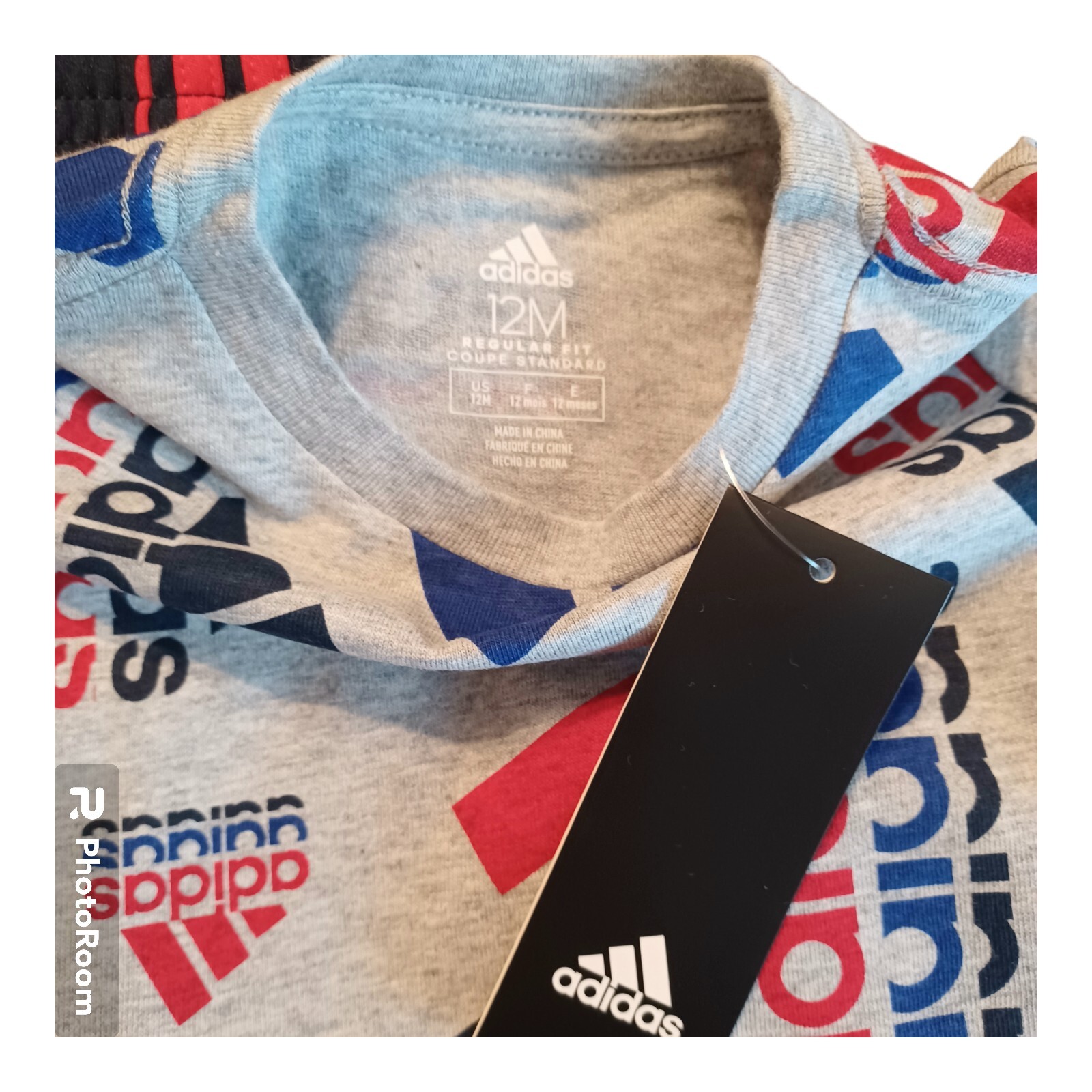 Adidas Baby Boys Short Set-12M-Gray-Blue-Red-Logo Tee