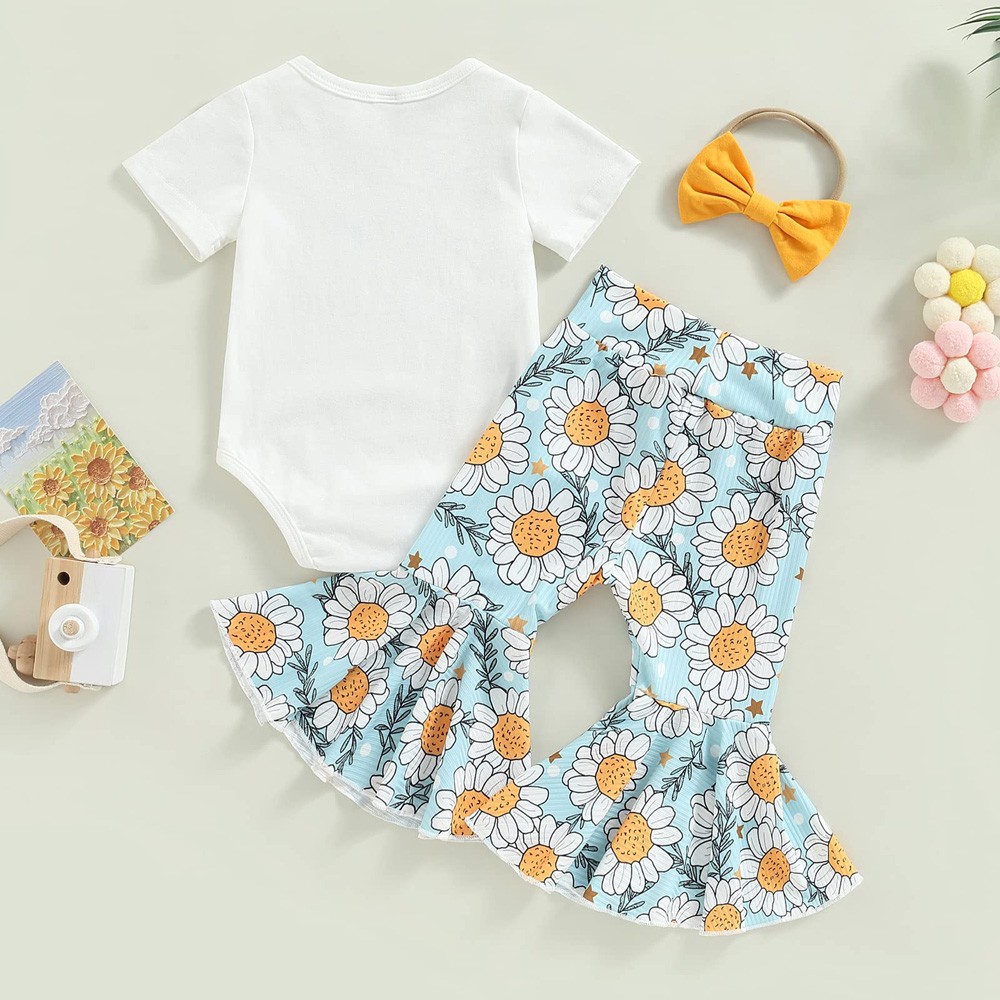 Baby Girl Bell Bottom Infant Clothes Ruffle Romper Tops Flare Pant Headband Set