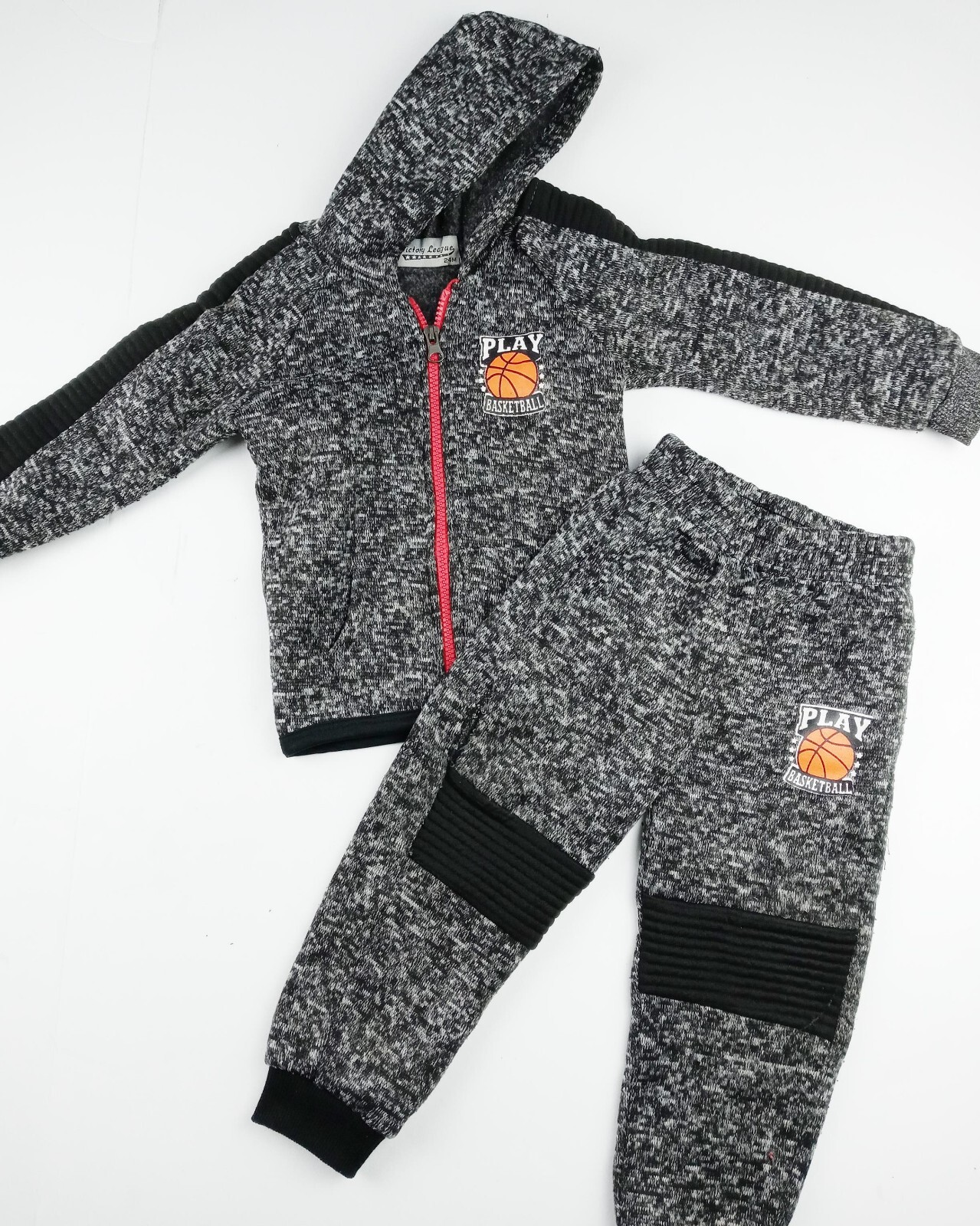 VICTORY LEAGUE Boys Black/Red/Grey 2-Piece Hooded Sweat Outfit RN#114518 BBall