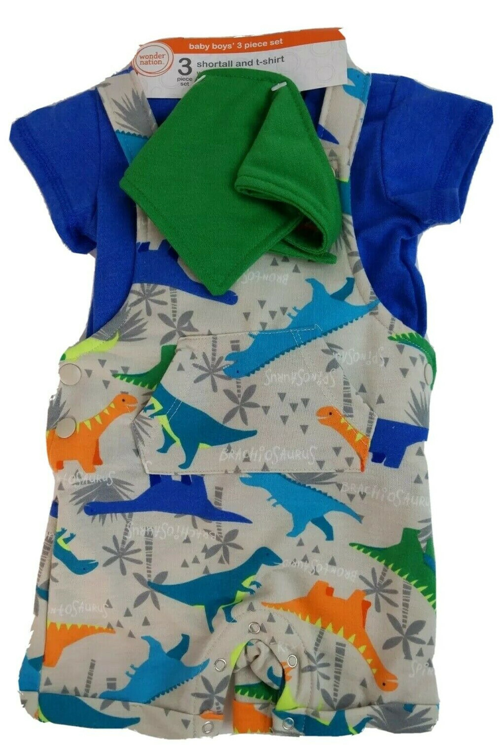 Wonder Nation 3 piece set Shortall,T-shirt,Bib Dinosaur Size 0/3M 3-6M 6/9M