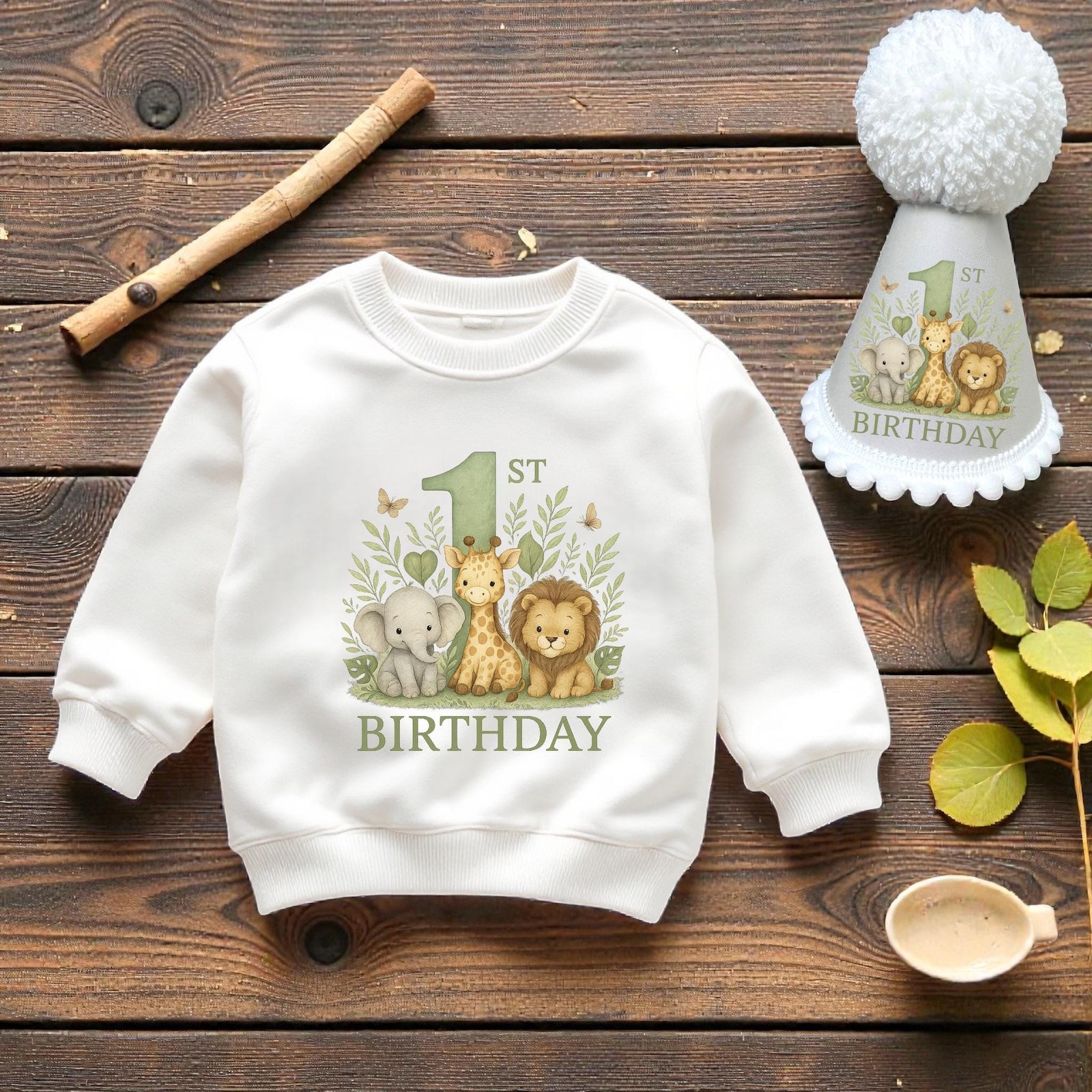 Jungle Animal 1st Birthday Outfit – Neutral Baby Sweatshirt & Party Hat Set