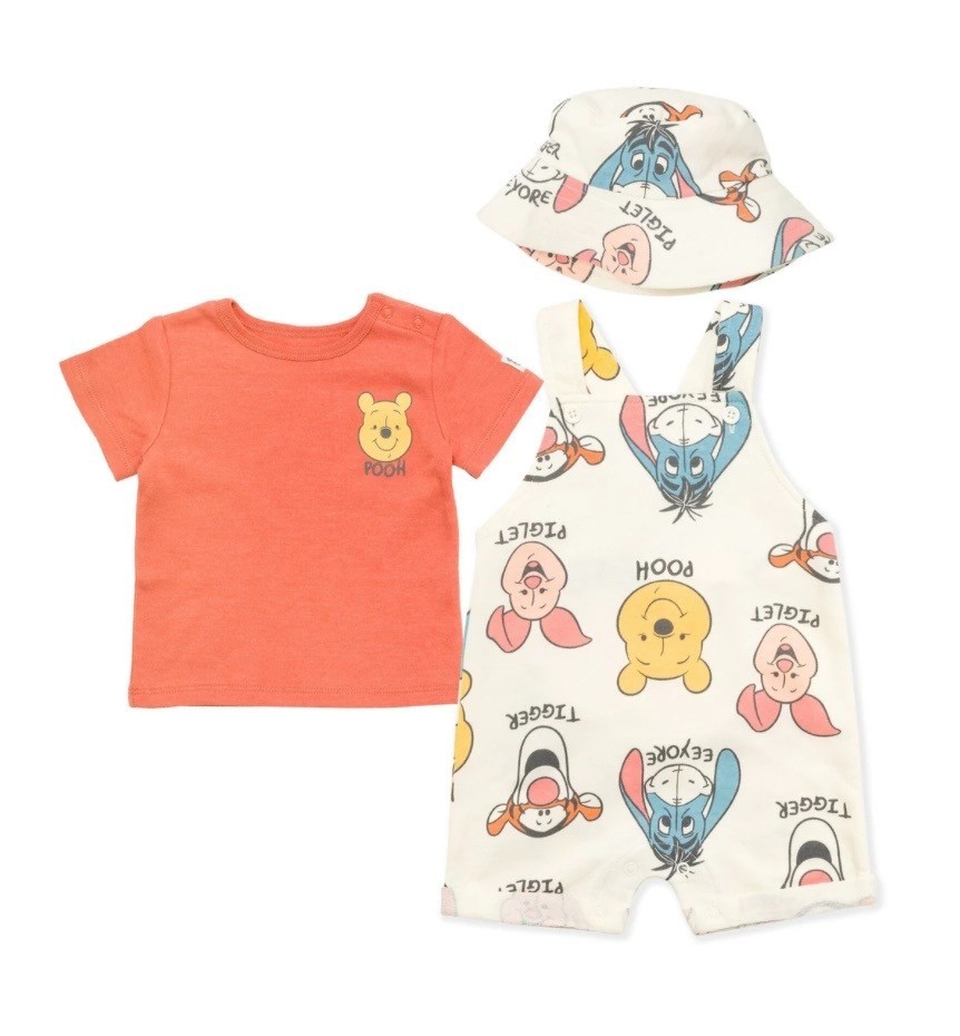 DISNEY WINNIE THE POOH -SHORT OVERALLS, TEE & HAT 3PC – Size 3-6M