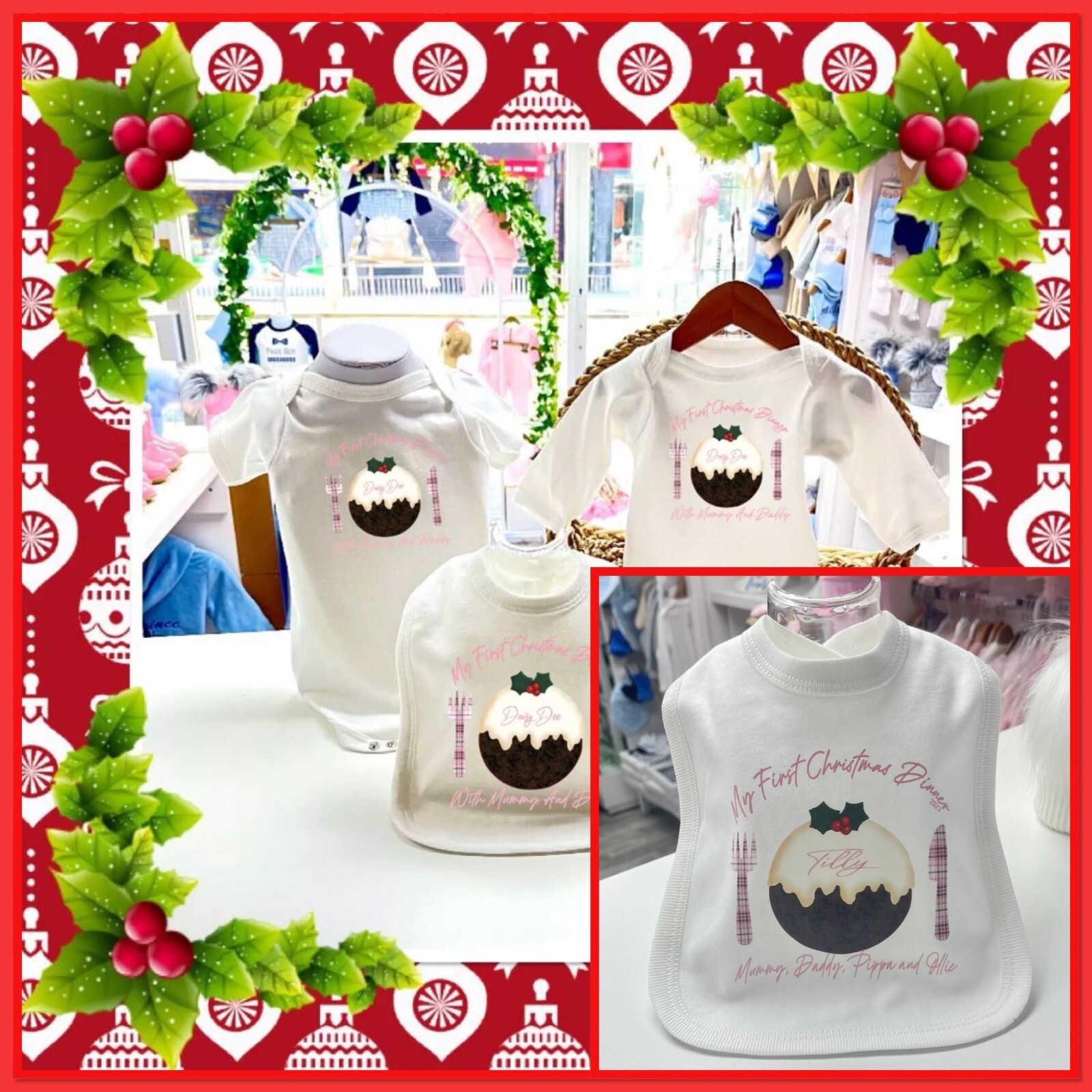 🎄 Personalised Girls My first christmas Dinner Bib with Any Name Pink Tartan