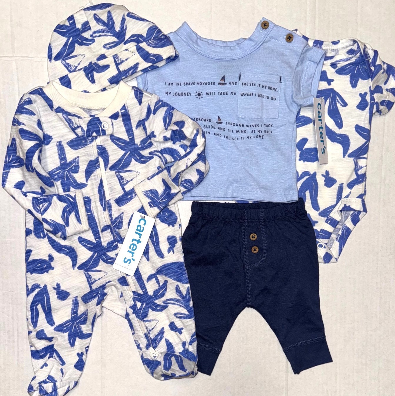 CARTERS 5 piece set white/blue/PALM LEAF motif size NEWBORN
